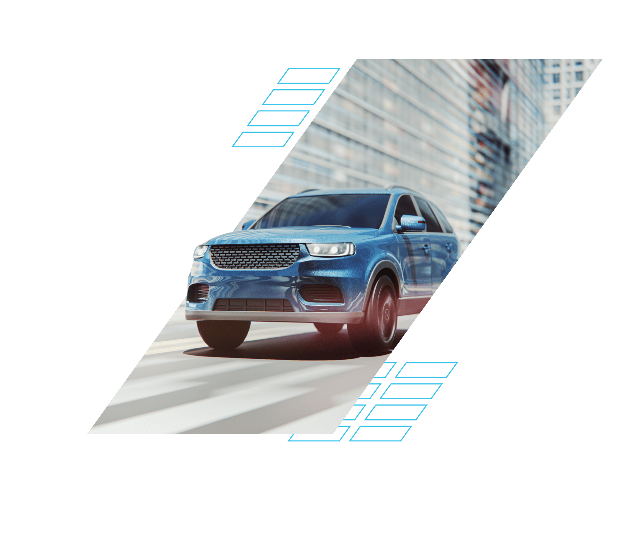 new car with blurred city in background